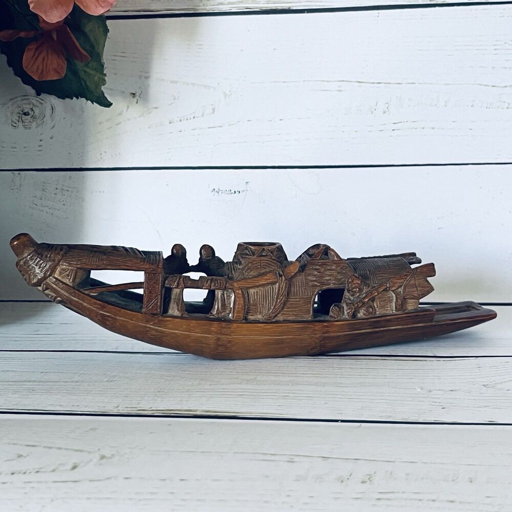 Antique Chinese Hand Carved Wood Bamboo River Boat Junk One Owneri